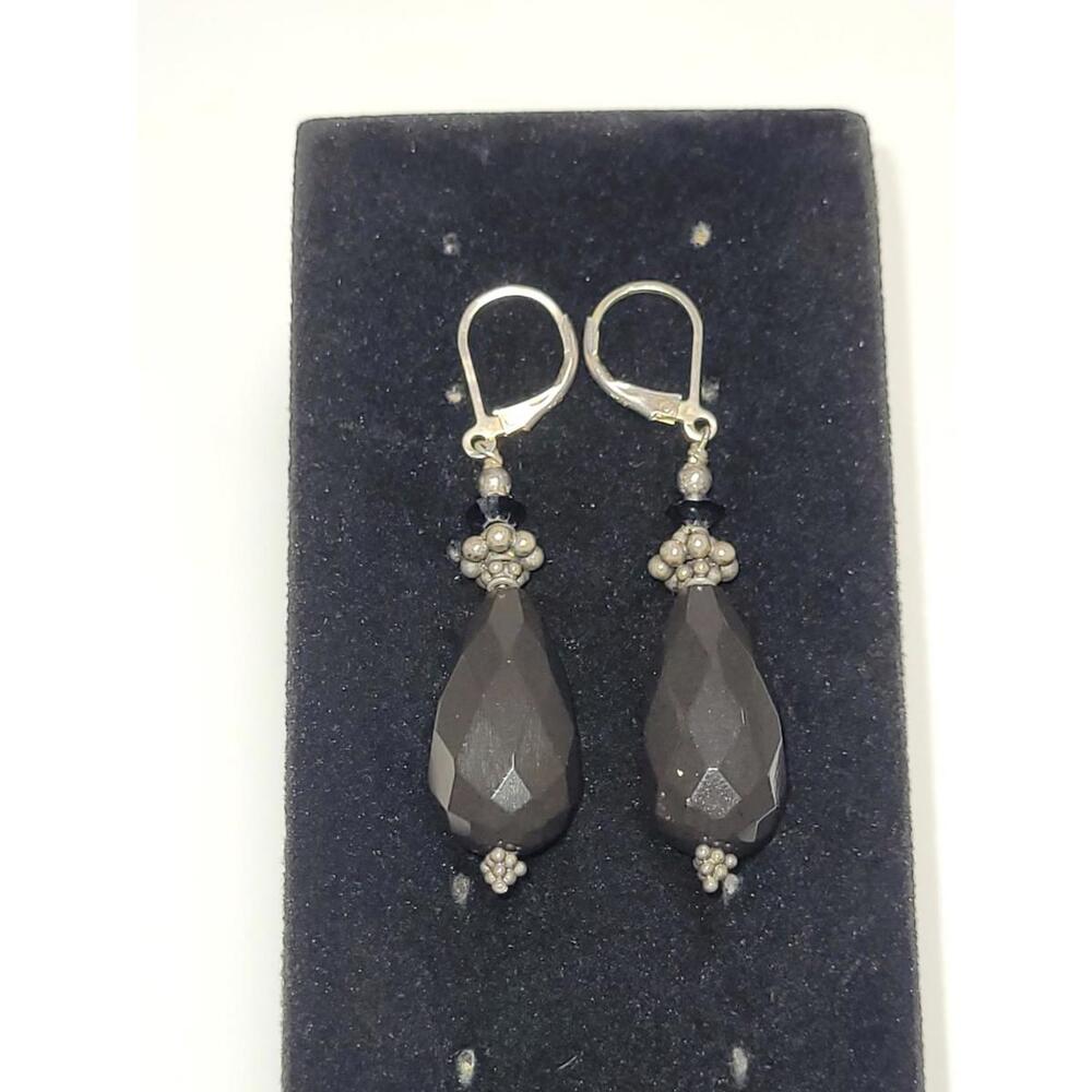 Black Agate Onyx Teardrop Statement Earrings Faceted 925 Silver Leverback Hook